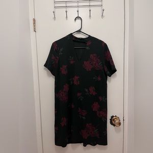 black w dark floral mini-dress.